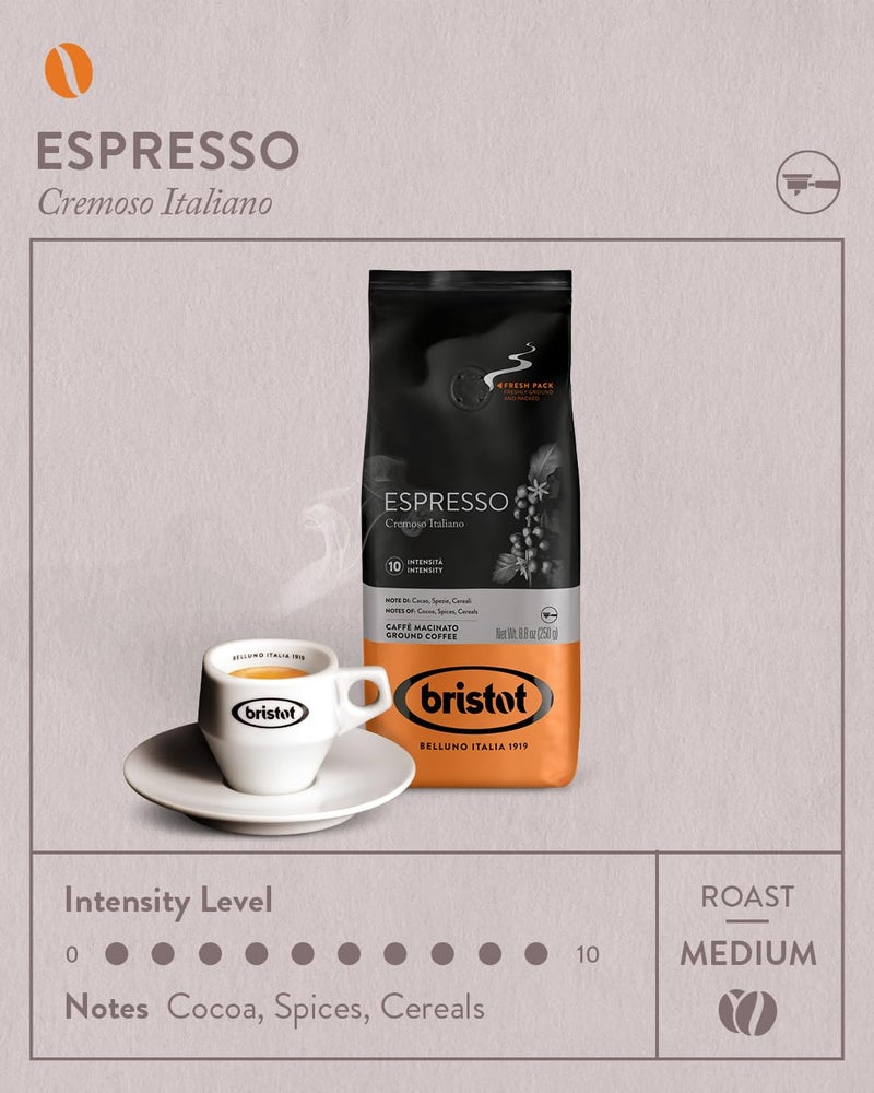 Bristot Espresso Cremoso Italiano Ground Coffee - Medium Roast, Rich & Smooth - 8.8oz (250g) Bag - Italian Ground Espresso for Home Machines - Image 3